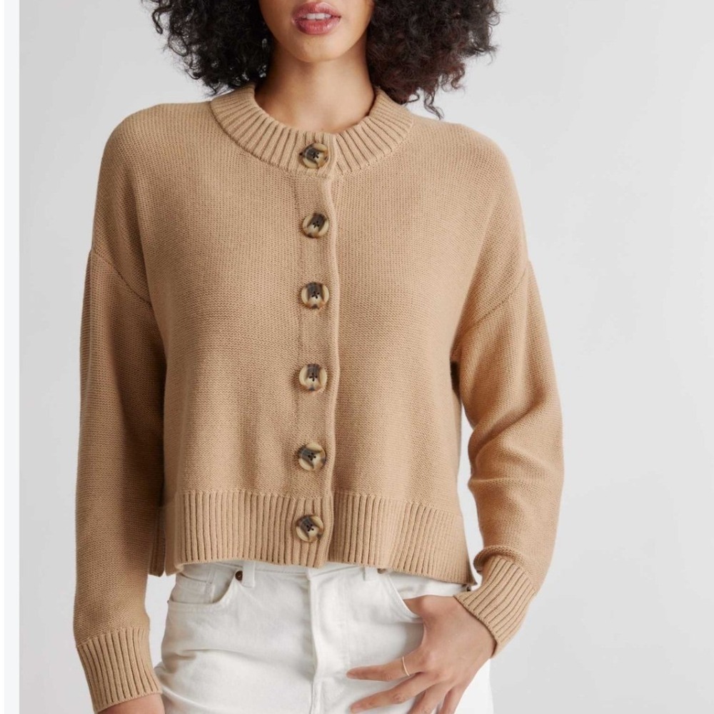 Quince 100% Organic Cotton Cardigan Sweater Womens Small Camel Tan Quiet Luxury